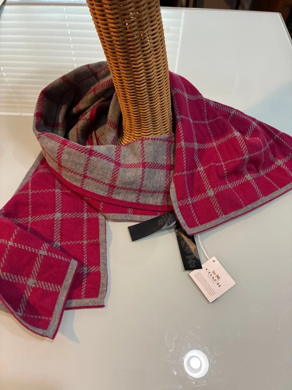 Coach Red and Gray Windowpane Wool Scarf - Picture 11 of 12